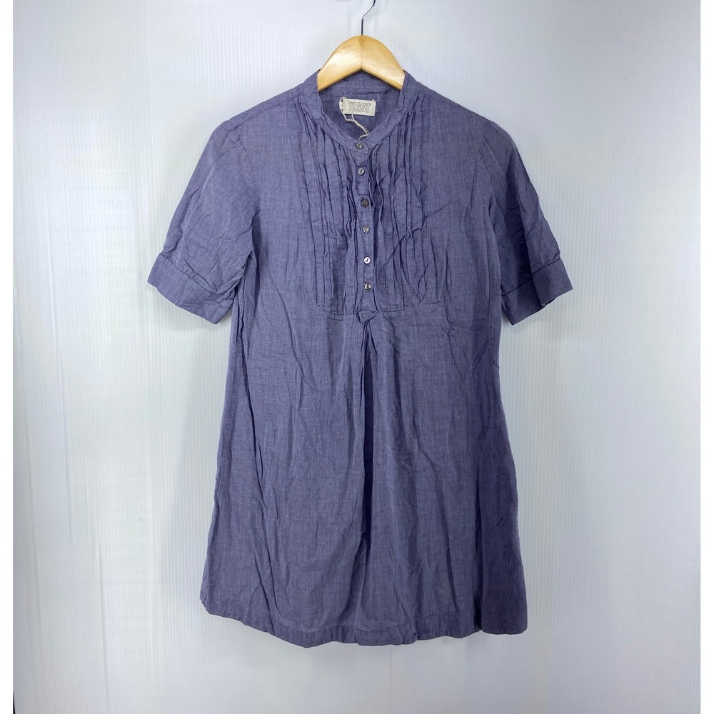 Toast Blue Chambray Shorot‎ Sleeve Pintuck Mini Shirt Dress Womens 10